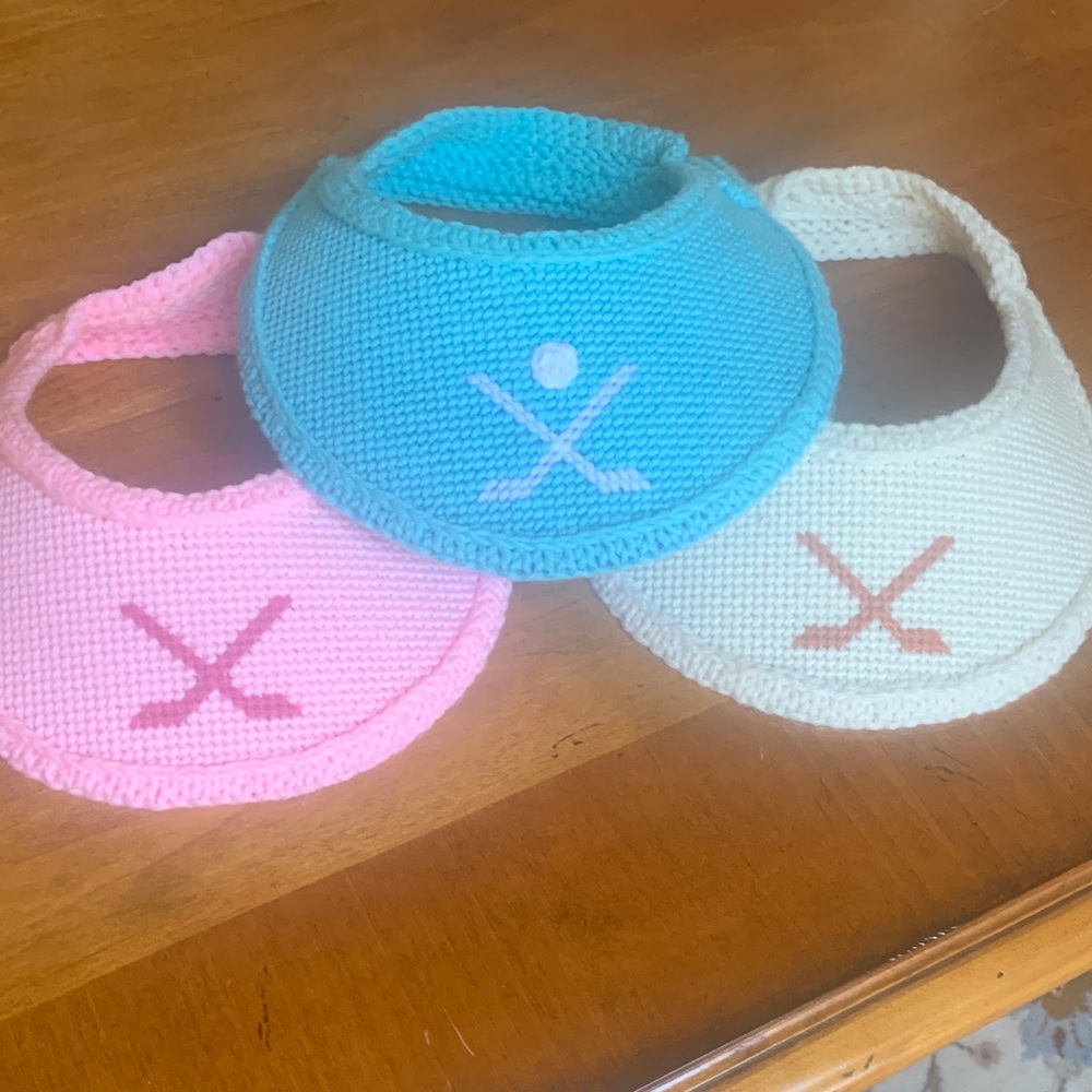 Women’s hand Knitted Visor Set - Pink, Blue, Cream/yellow